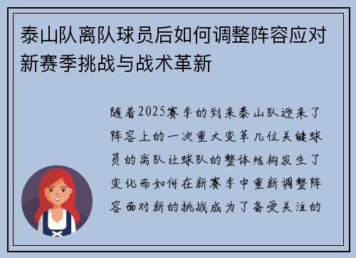 泰山队离队球员后如何调整阵容应对新赛季挑战与战术革新
